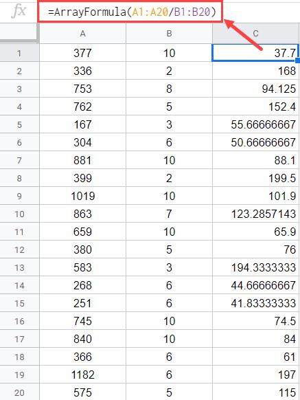 Cách sử dụng công thức chia số liệu trong Google Sheets